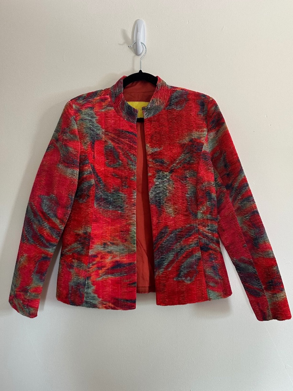 Flores & Flores Crinkle Fabric Open Jacket, Red Print, Size 12